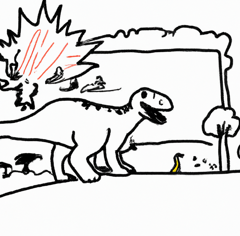 A drawing of a dinosaur with an explosion in the background.